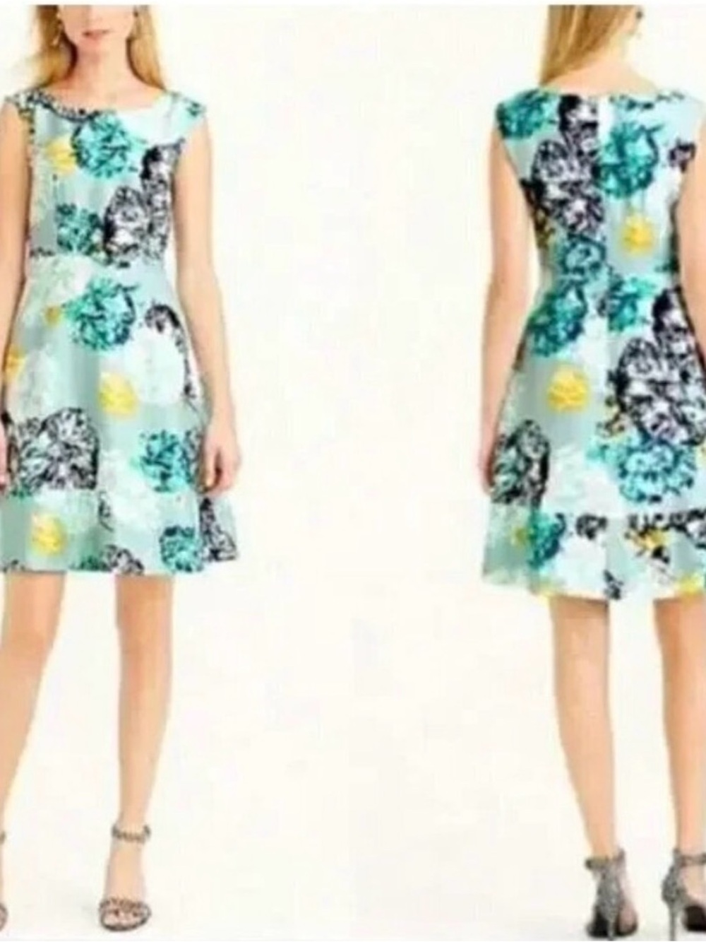 J. Crew Floral Sleeveless 100% silk Midi Dress in Aqua, Teal, Yellow, White